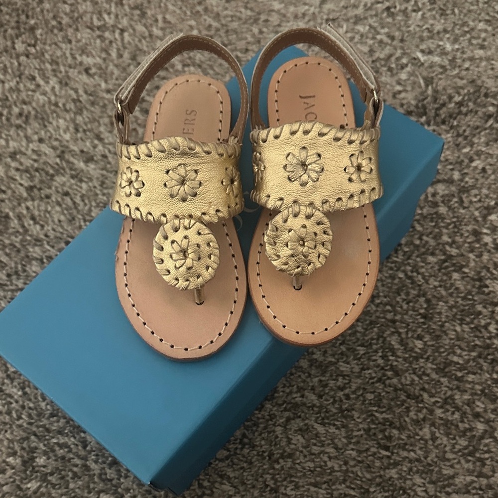 Jack Rogers Gold Kids Sandals with Floral Design